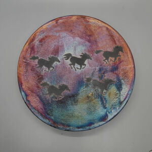 Southwestern Raku Pottery Signed BEN DILLER Iridescent 7.75in Wall Plate Horses